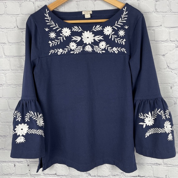 J. Crew Tops - J. CREW blue embroidered bell sleeve boat neck cotton boho top, size M